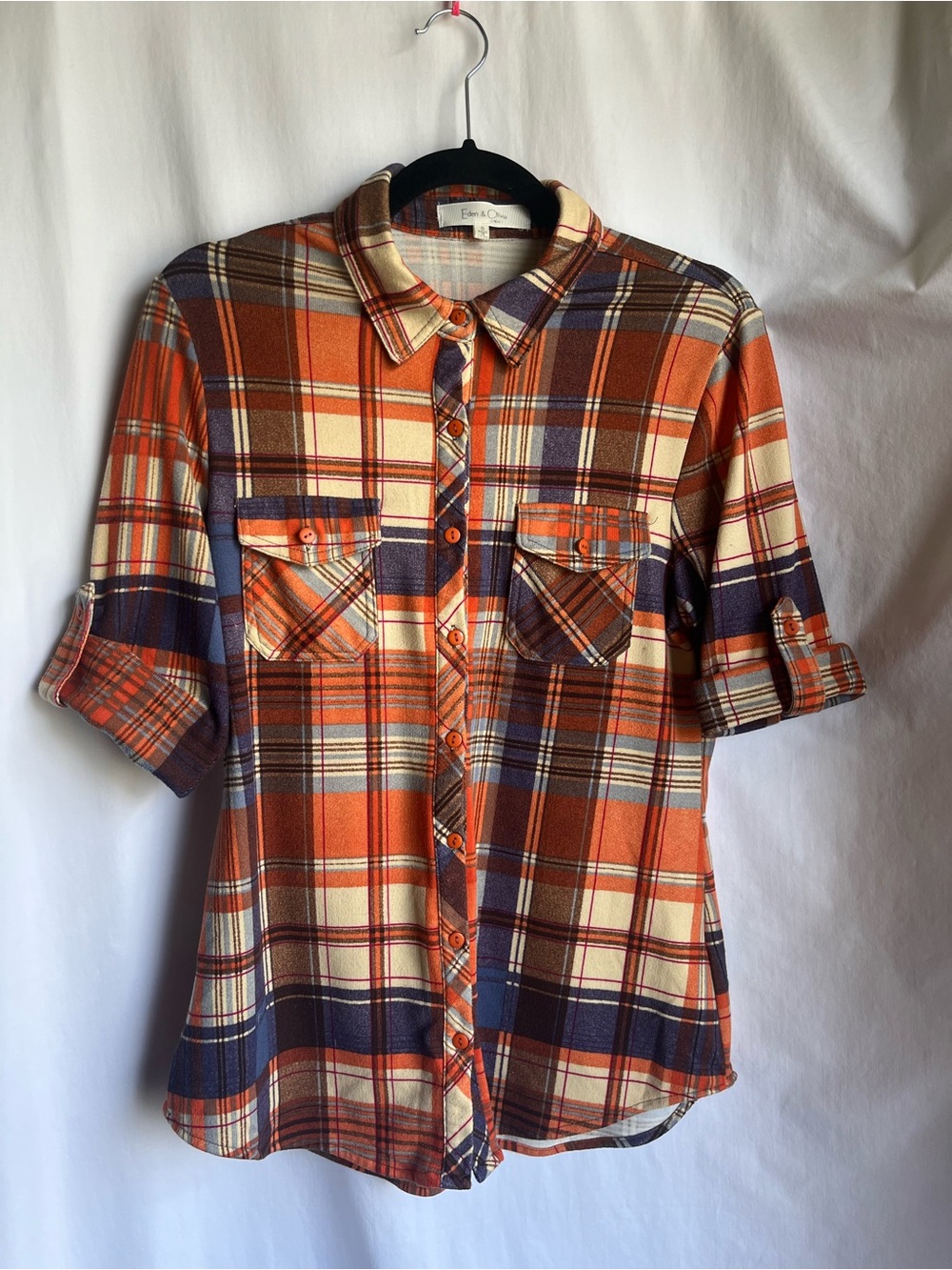 Eden & Olivia Orange and Navy Plaid Roll-Tab Button Shirt